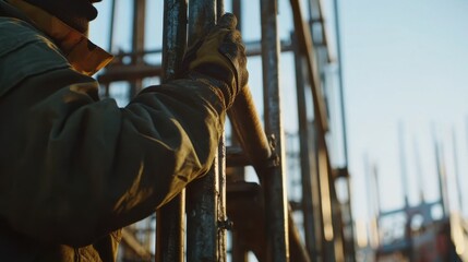Scaffolding worker inspecting platform stability. Featuring safety and assessment