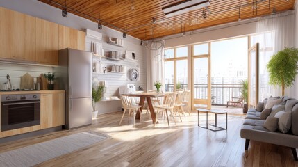 Sun-drenched modern apartment with light wood floors and a stylish kitchen. Open concept living space with a comfy sofa.