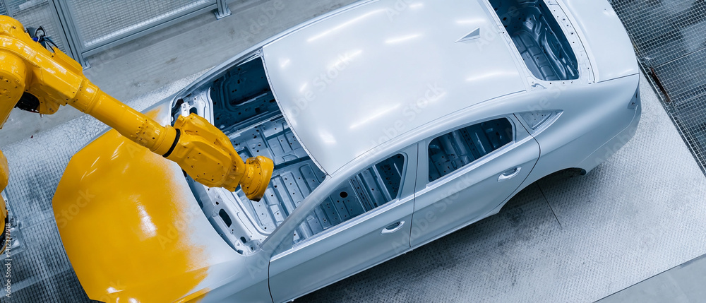 Poster robotic arm paints car body in factory setting, showcasing advanced automation technology