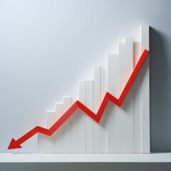 Minimalist white graph with red arrow pointing down. Business risk, financial decline and money loss