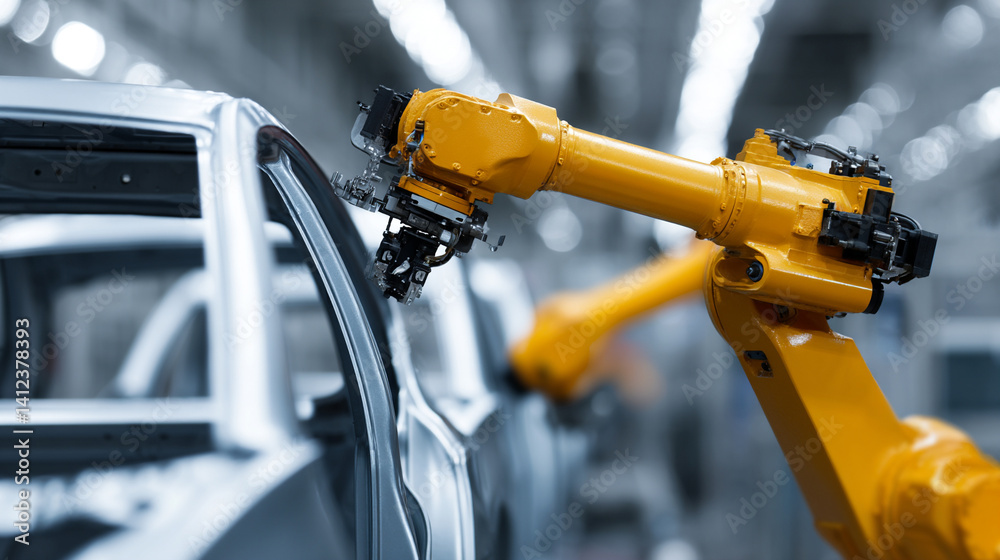 Aufkleber robotic arms assembling car frames in modern factory setting, showcasing precision and efficiency