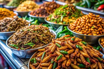 Fototapeta premium Aerial View: Thai Market Fried Insect Snack - Mealworms & Silkworms