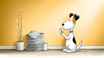 Cartoon dog using phone near newspaper stack