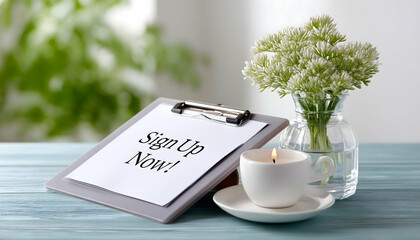 Clipboard with "Sign Up Now!" message, candle, flowers, glasses