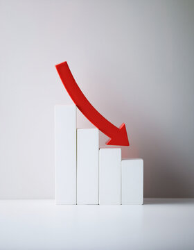 Minimalist white graph with red arrow pointing down. Business risk, financial decline and money loss