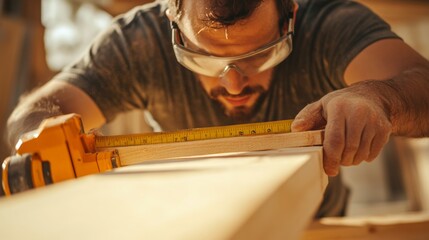 Carpenter measuring and cutting wooden beams for framing. Featuring expertise and detail