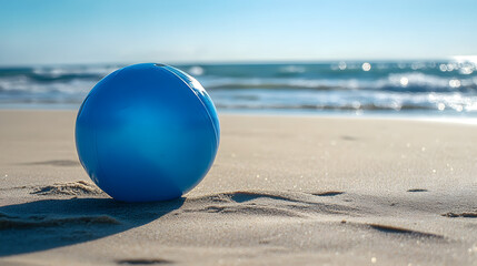 A vibrant blue beach ball resting on the warm golden sand by the sparkling ocean on a sunny day.