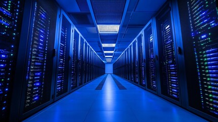 Fototapeta premium Server room with rows of computer servers illuminated in blue light.