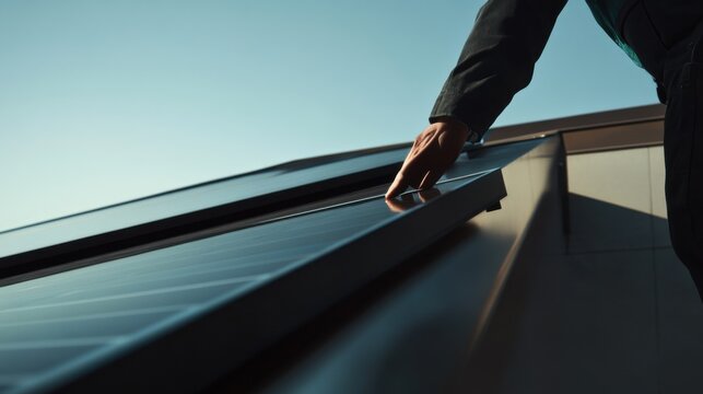 Solar panel installer adjusting panel angle on a rooftop. Featuring renewable energy and precision