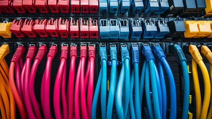 Colorful network cables plugged into a server rack or patch panel close up.