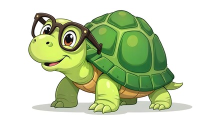 Fototapeta premium A green cartoon turtle wears glasses and smiles, ready to learn something new.