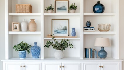 White built-in bookcase display with coastal decor