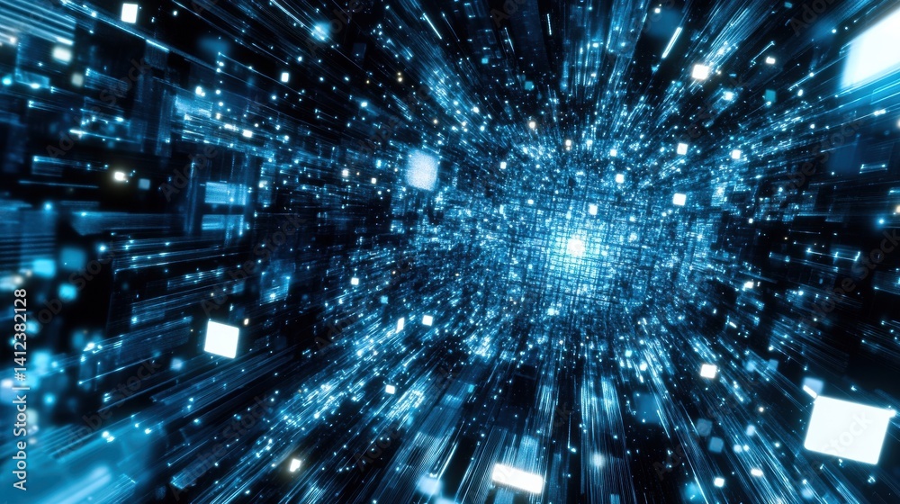 Poster dynamic abstract blue light burst with grid and data particles