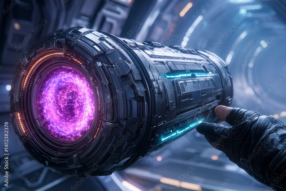 Poster A floating energy core pulsating with neon plasma, set in a high-tech laboratory