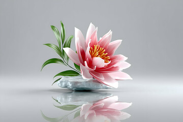 Pink lotus flower on a stone, reflecting on a surface