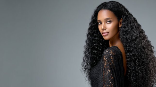 A stunning African model with ebony skin and a long hairstyle showcases the importance of hair care and beauty products