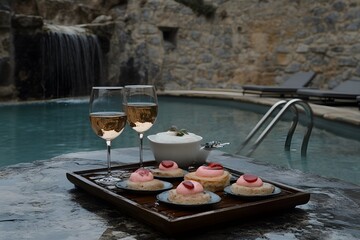 Obraz premium Relaxing Poolside Afternoon with Rose Wine and Mini Desserts