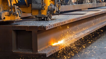 Steel fabricator cutting metal beams with a torch. Featuring controlled precision and heat