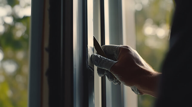 Construction worker applying sealant to window frame before installation. Highlighting sealing and weatherproofing