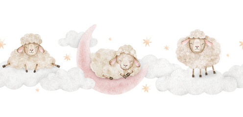 Sheep sleep on pink crescent moon, clouds and stars. Watercolor hand drawn nursery seamless border of dreamy lamb. Good night lane background for scrapbook, textile, linen, baby shower, wallpaper
