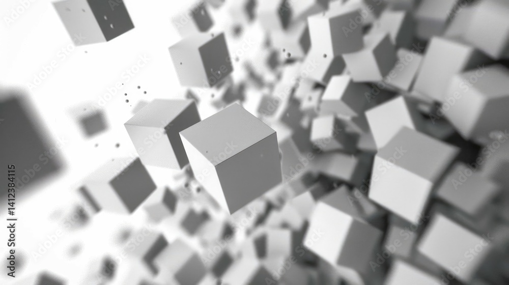 Poster an abstract representation of medium sized white boxes appearing to fall from above, creating a dyna