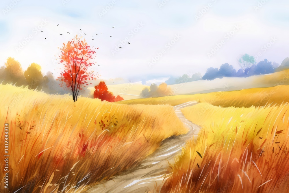 Aufkleber 水彩画の黄金色の草原と小道と鮮やかな紅葉の風景 日中の穏やかな自然の風景