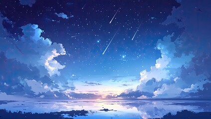 Starry night sky over calm water. Clouds reflect on the water surface