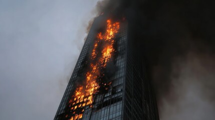 Skyscraper engulfed in flames and thick black smoke against a gray sky