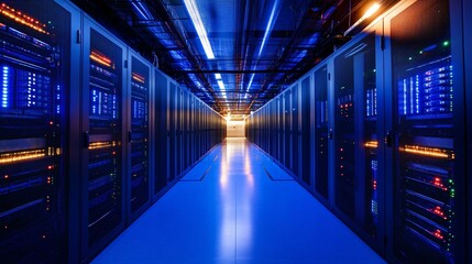 Fototapeta premium Server room aisle with blue lighting and racks of equipment.