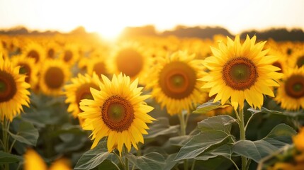 Fototapeta premium Golden sunflowers bask in the sun's embrace, illuminating a vast field of vibrant flora