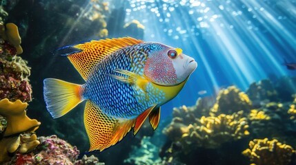 Fish in light rays underwater