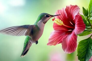 Fototapeta premium A high-speed capture of a hummingbird sipping nectar from a bright red hibiscus flower