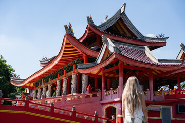Tourist admiring sam poo kong temple, semarang, indonesia
