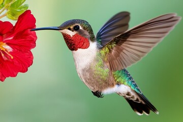 Fototapeta premium A hummingbird feeding from a flower hanging off a branch, its wings a blur