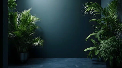 Lush indoor foliage framing a serene space with deep green walls and soft, diffused lighting.