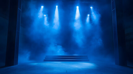 A dramatic blue-lit stage with fog, creating an atmospheric mood for a captivating performance.