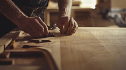 Carpenter sanding wood for a custom furniture piece. Featuring attention to detail and skill