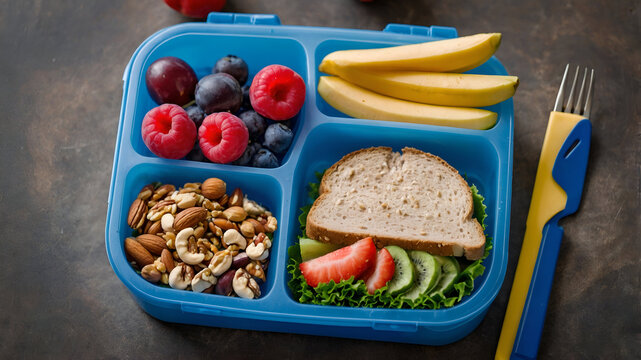 Open lunchbox with a healthy meal including a sandwich, fruits, and nuts organized in compartments. Healthy eating at school concept