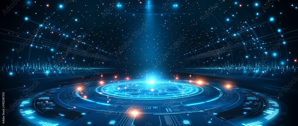Poster a blue and white image of a network of lines and dots, blue technology background with circuit board
