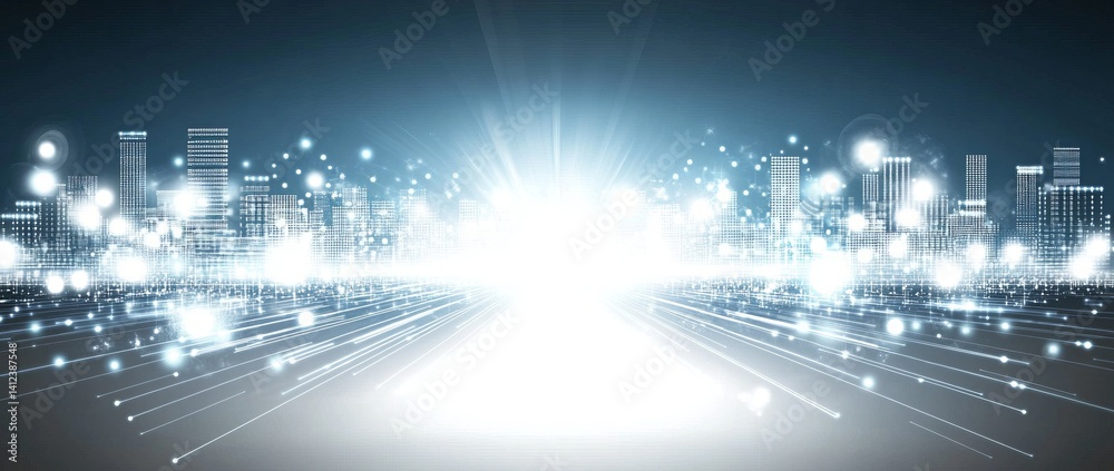 Sticker a blue and white image of a network of lines and dots, blue technology background with circuit board