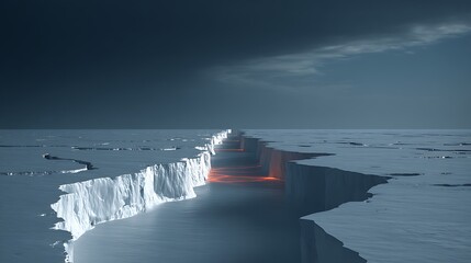 A dramatic scene showcasing a fissure in ice, revealing glowing lava beneath.