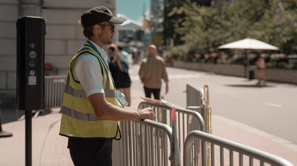 Security officer checking IDs at busy plaza checkpoint