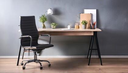 Modern Office Workspace with Ergonomic Chair, Green Plants, Desk Accessories, and Minimalist Design Elements