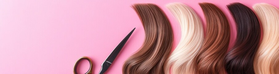 Naklejka premium Caring for various hair types and colors, including blonde, red, brown, dark, straight, and curly locks, is a key concept in a beauty salon setting, where hair care tools are utilized