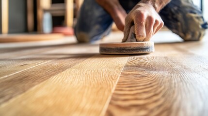 Carpenter sanding wood to smooth edges for a custom project. Featuring craftsmanship and attention to detail