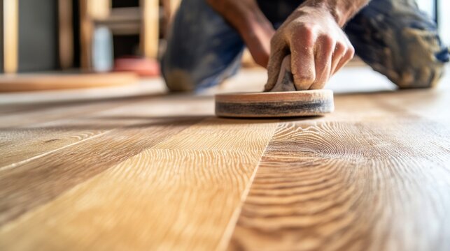 Carpenter sanding wood to smooth edges for a custom project. Featuring craftsmanship and attention to detail