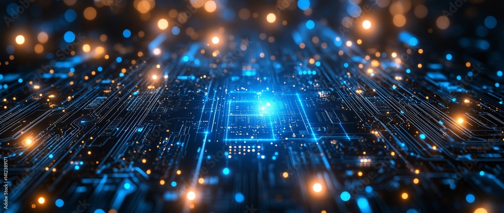 Poster a blue and white image of a network of lines and dots, blue technology background with circuit board