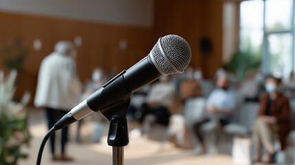 Candidate speaking at a community town hall meeting in a gym