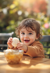 Smiling happy toddler baby boy enjoying a sweet treat in a sunny garden. Vertical banner