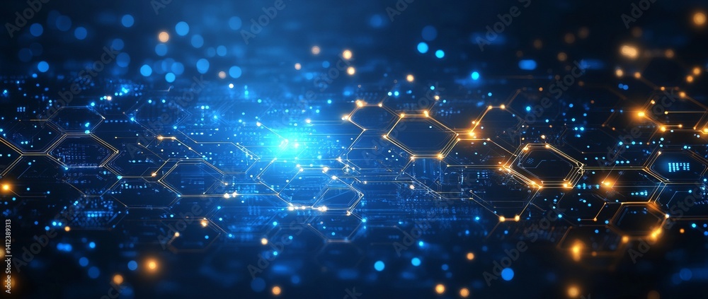 Sticker a blue and white image of a network of lines and dots, blue technology background with circuit board